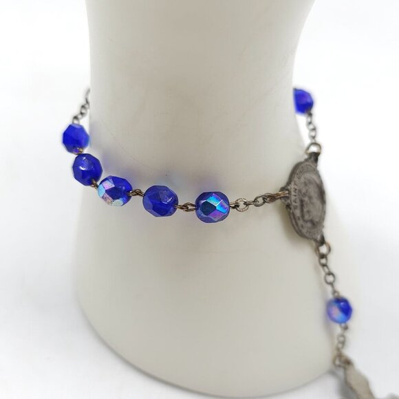 Vintage Rosary Automobile Saint Christopher Medal Crucifix Blue Crystal Beads - Picture 5 of 6